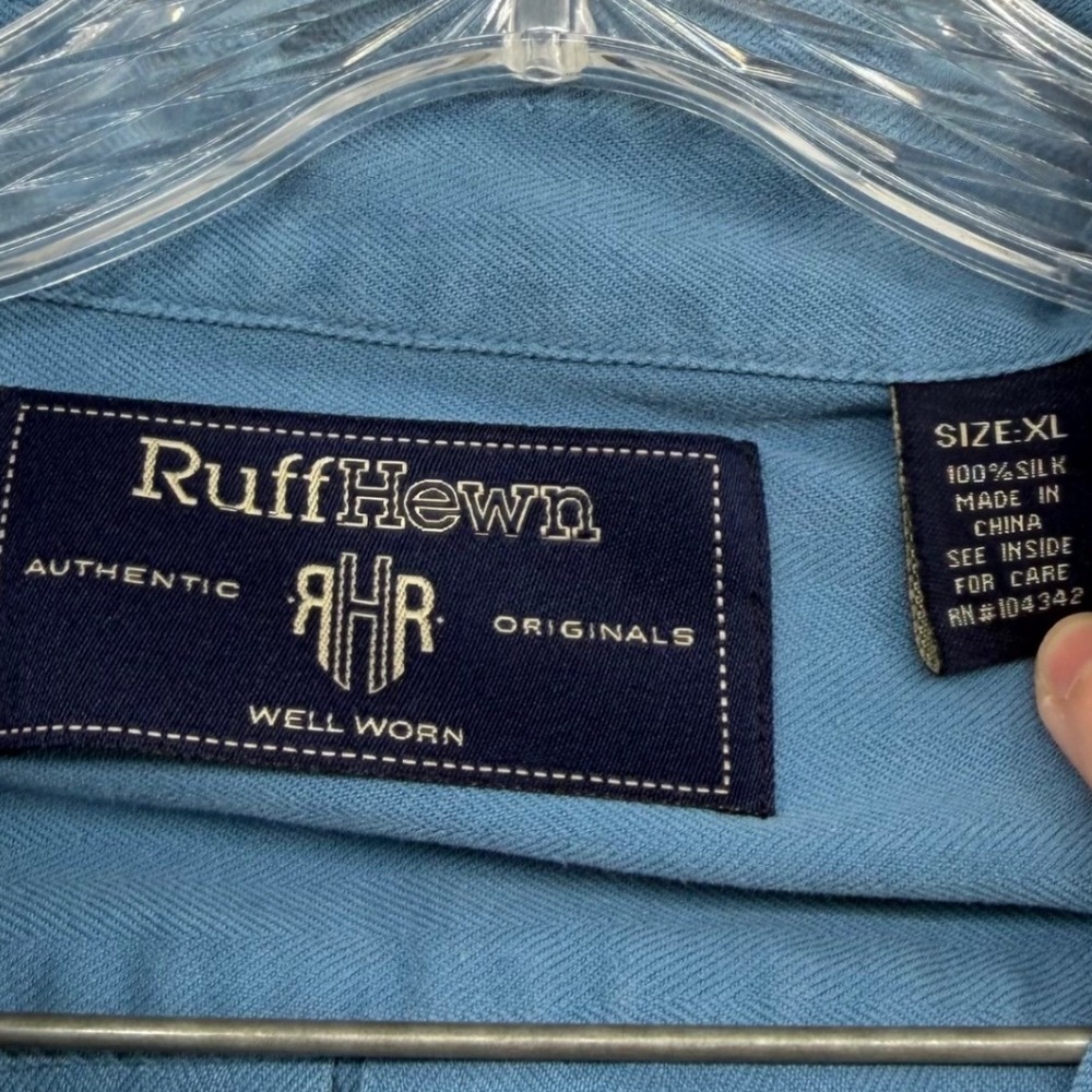 Ruff Hewn Button Down Shirt Mens XL Blue 100% Silk Herringbone Long Sleeve - Picture 3 of 8